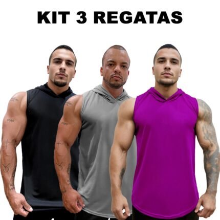 Kit com 3 Camisetas Regatas Masculina Longline Dry com Capuz Lisa