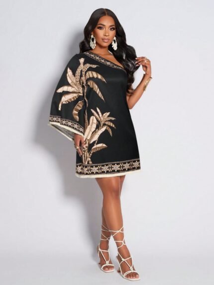 🛒AIJ Vestido Casual Feminino Amarilo com Estampa de Floresta Tropical e Bainha com Franjas, Adequado para Uso Diário e Férias, Novo Vestido Floral Estampado para Primavera/Verão