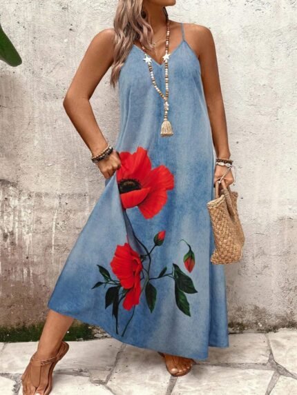 🛒SHEIN Clasi Vestido com Estampa de Rosas Florais, Alças Finas e Decote em V para Mulheres Plus Size, Solto e Confortável