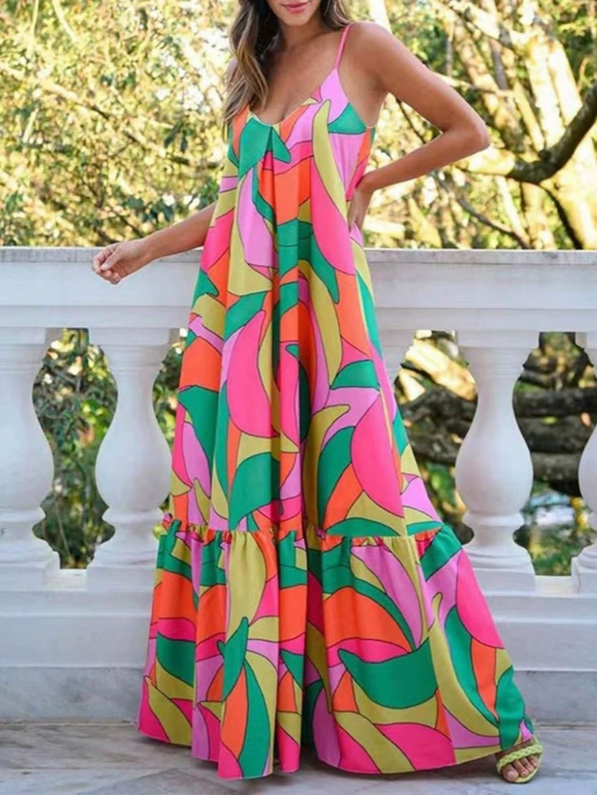 🛒Vestido casual de alça com babado na barra, estampa all-over, para férias feminino - Imagem 3