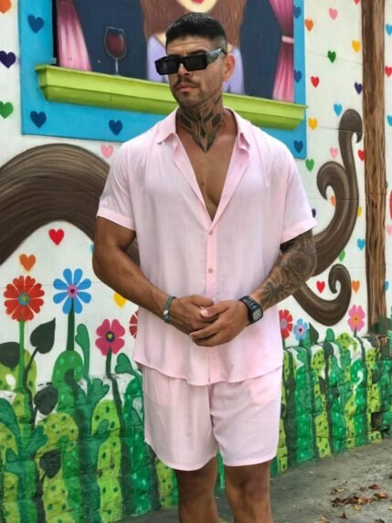 🛒Conjunto Camisa e Short Lisa Havaiano Estampado Listrado Adulto Masculino Tecido de Viscolinho com elastano