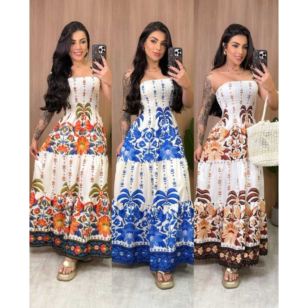 Vestido Longo Tomara que Caia Con Elastex Estampado Cores De Verão - Imagem 2