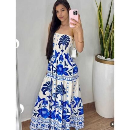 Vestido Longo Tomara que Caia Con Elastex Estampado Cores De Verão