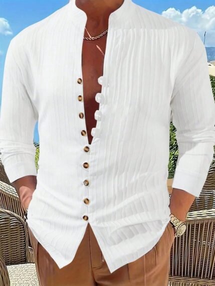 🛒Camisa Casual Masculina Estilo Cardigan com Botões na Frente, Corte Slim, Mistura de Poliéster, Gola Alta, Lavável à Máquina, Ideal para Primavera e Outono, Cardigan Leve