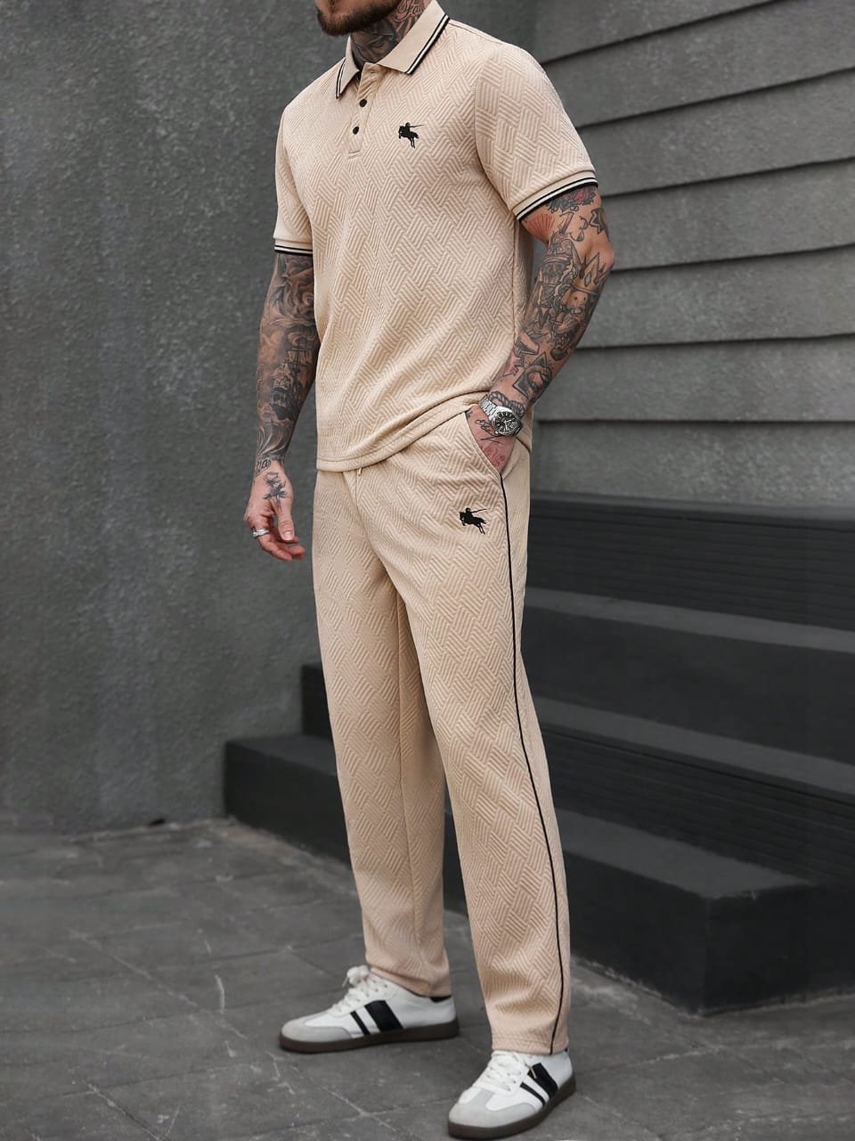 🛒Manfinity CasualCool Conjunto de Camisa Polo de Manga Curta com Tecido Texturizado e Bordado, Adequado para Uso Doméstico e Externo