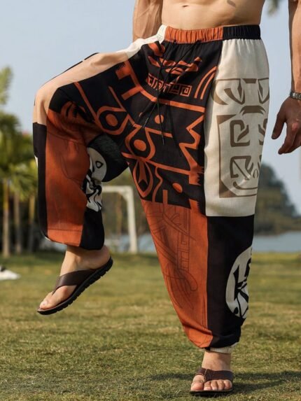 🛒Manfinity RSRT Calça de Linho Estampada Masculina, Calça Solta com Estampa e Amarração no Tornozelo, Ótimo Presente para Namorado, Calça Gráfica de Verão Streetwear Masculina, Outono