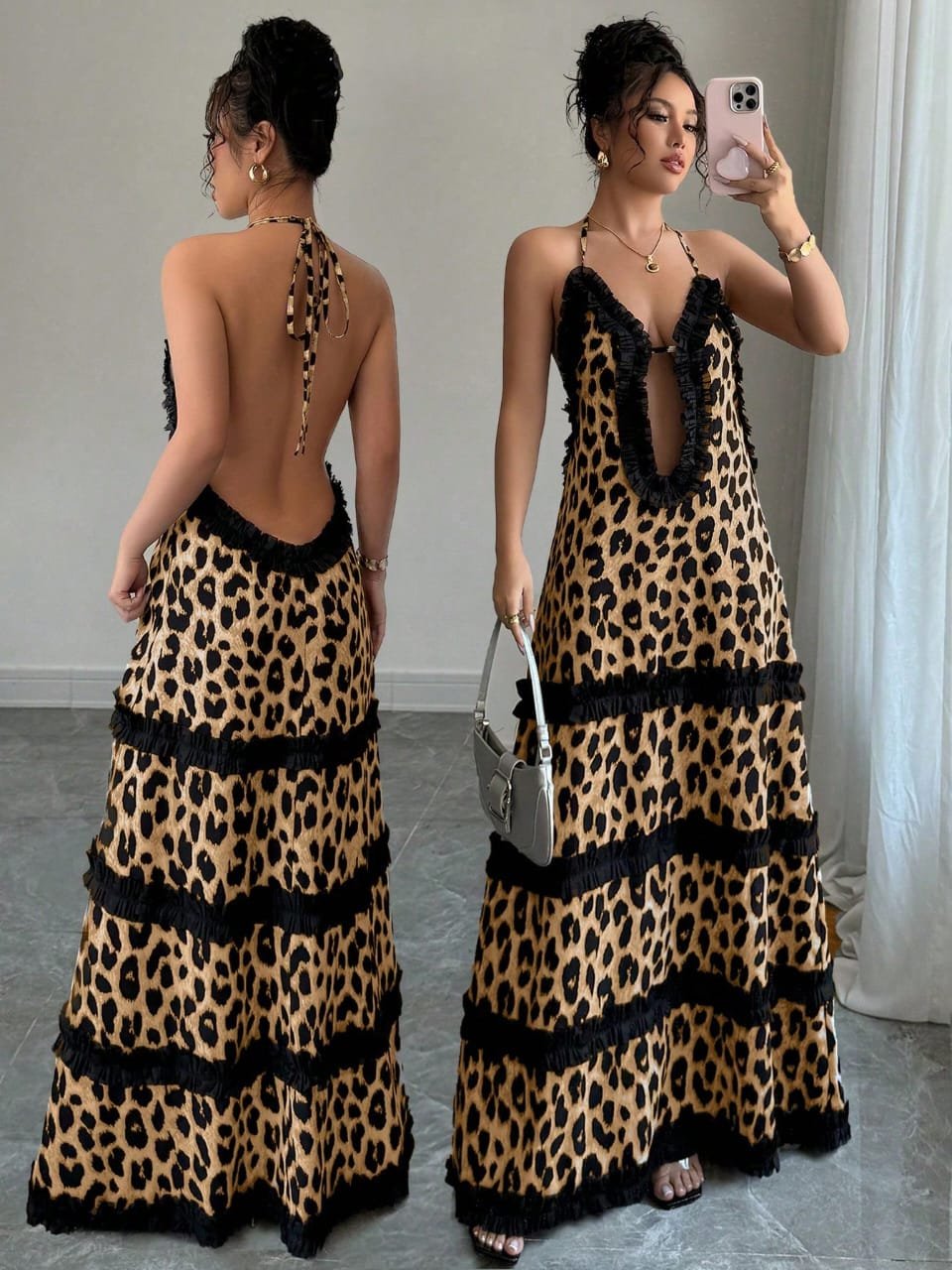 🛒Breezaya Vestido de Praia com Recorte de Renda Estampado de Leopardo Preto Sem Costas - Imagem 3