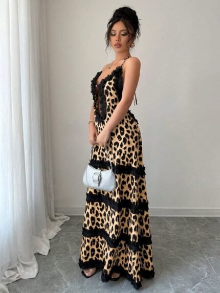 🛒Breezaya Vestido de Praia com Recorte de Renda Estampado de Leopardo Preto Sem Costas