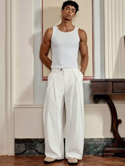 🛒SWAVVY Calça Casual Masculina Reta Solta Tecida de Cor Sólida