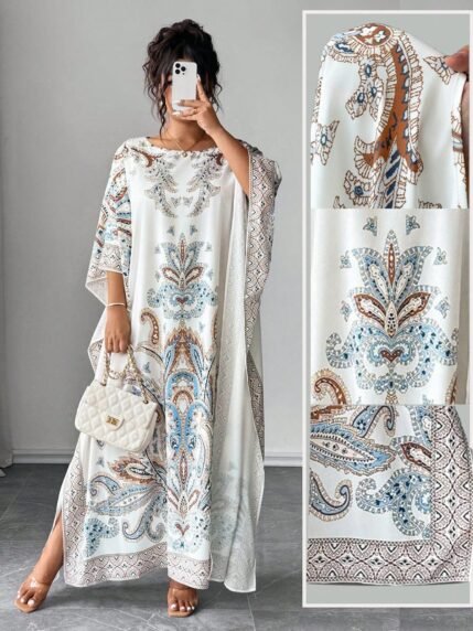 🛒Elenzga Vestido Solto para Festa e Férias com Estampa, Gola Redonda e Mangas Tipo Morcego, Plus Size