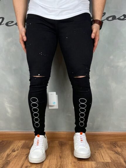🛒Calça Jeans Black Premium White Ball 4K Masculina Rasgo Joelho Detalhe Estampado