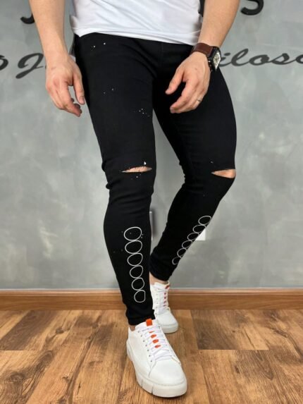 🛒Calça Jeans Black Premium White Ball 4K Masculina Rasgo Joelho Detalhe Estampado