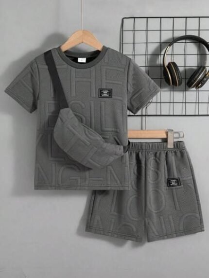 🛒2 Peças Conjunto de Roupa Casual para Passeio de Meninos – Top T de Manga Curta com Gola Mandarim de Cor Sólida e Conjunto de Shorts com Bolso, Verão