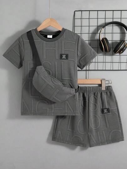 🛒2 Peças Conjunto de Roupa Casual para Passeio de Meninos - Top T de Manga Curta com Gola Mandarim de Cor Sólida e Conjunto de Shorts com Bolso, Verão