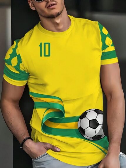🛒Camisa de Futebol da Seleção Brasileira para Homens – Casual de Manga Curta, Estampa 3D em Todo o Corpo, Tecido Respirável, Adequado para Uso Diário, Viagem, Festa, Camisa de Futebol, Festa, Design de Estilo Esportivo, Impressão, Vestuário de Torcedor de Futebol, Entusiastas Esportivos