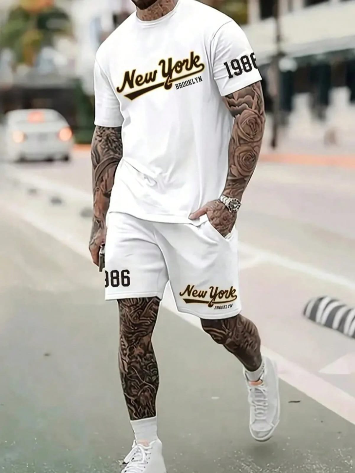 🛒Kit Camiseta Branca + Bermuda de Moletom Modelo "NEW YORK Brooklyn" no Estilo Tumblr - PROMOÇÃO ESPECIAL 50+ vendido