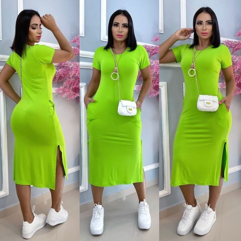 Dê uma olhada em vestido MIDI com bolso, tamanho único, tecido visco Lycra, veste do 40 ao 44 - Imagem 4