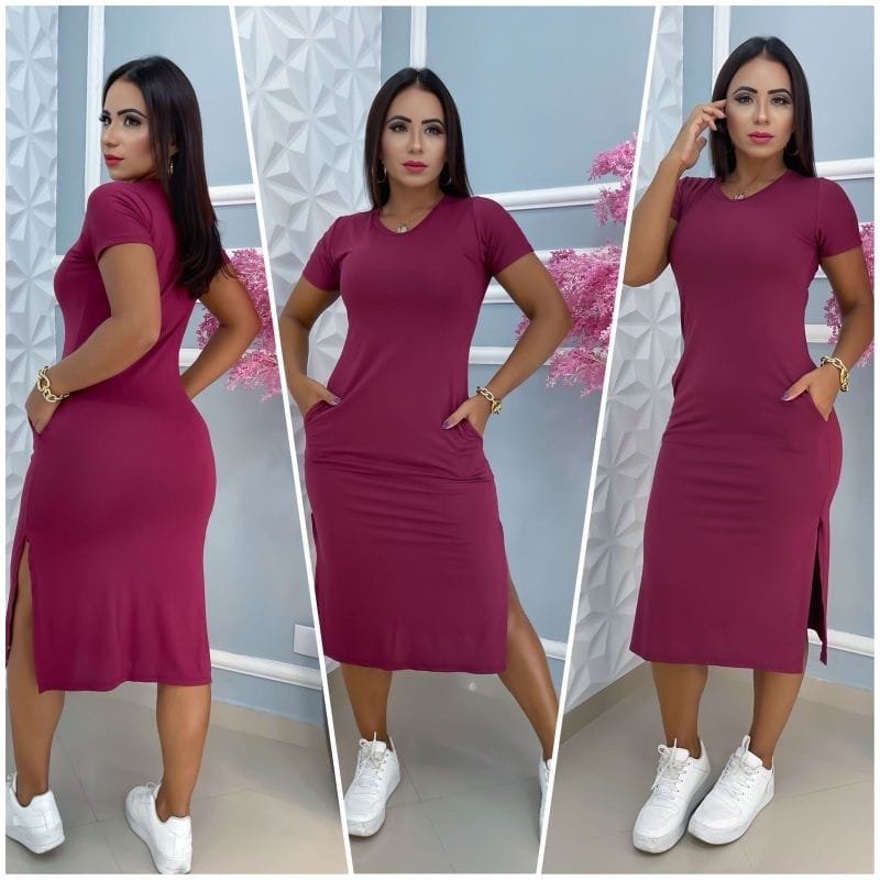 Dê uma olhada em vestido MIDI com bolso, tamanho único, tecido visco Lycra, veste do 40 ao 44 - Imagem 3
