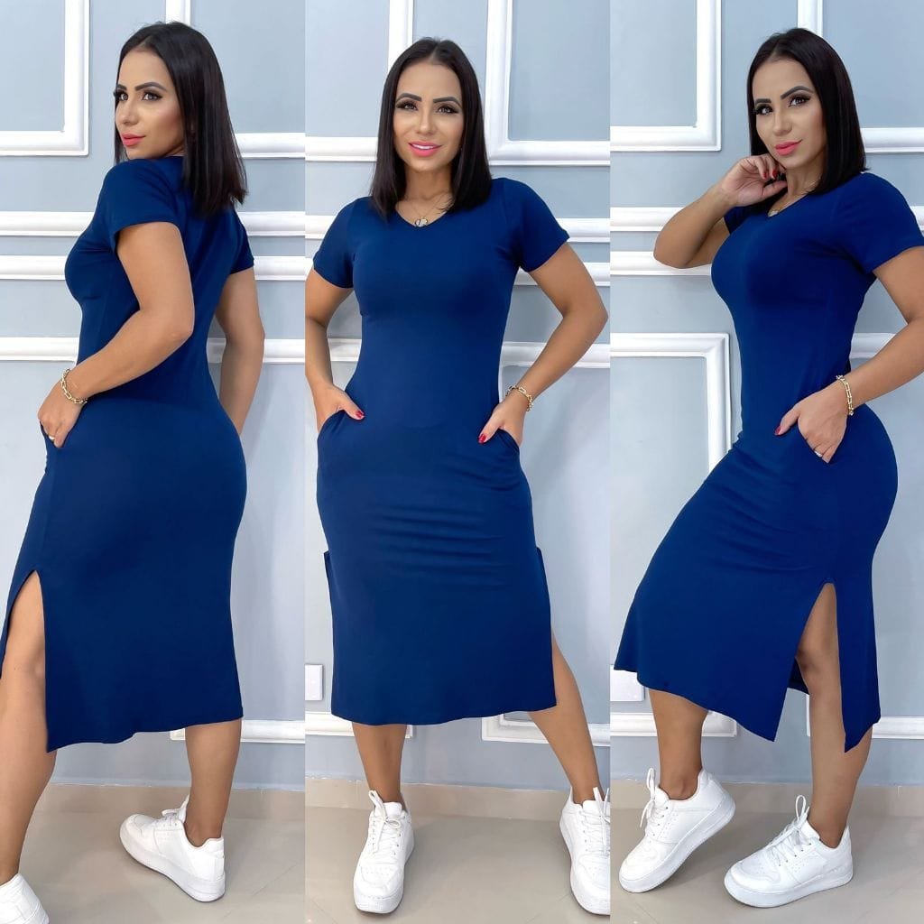 Dê uma olhada em vestido MIDI com bolso, tamanho único, tecido visco Lycra, veste do 40 ao 44