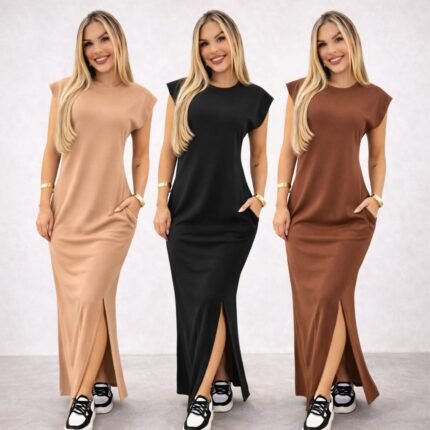 Dê uma olhada em Vestido longo casual basico feminino ribana canelada manga muscle moda gringa preto marrom plus size