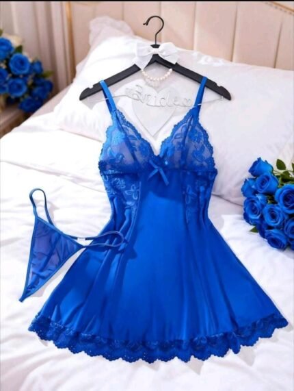 🛒2 Peças Conjunto de Camisola Sexy Feminina em Cor Sólida com Renda e Tela, Camiseta com Decote em V e Costas Abertas e Tanga, Pijama Confortável