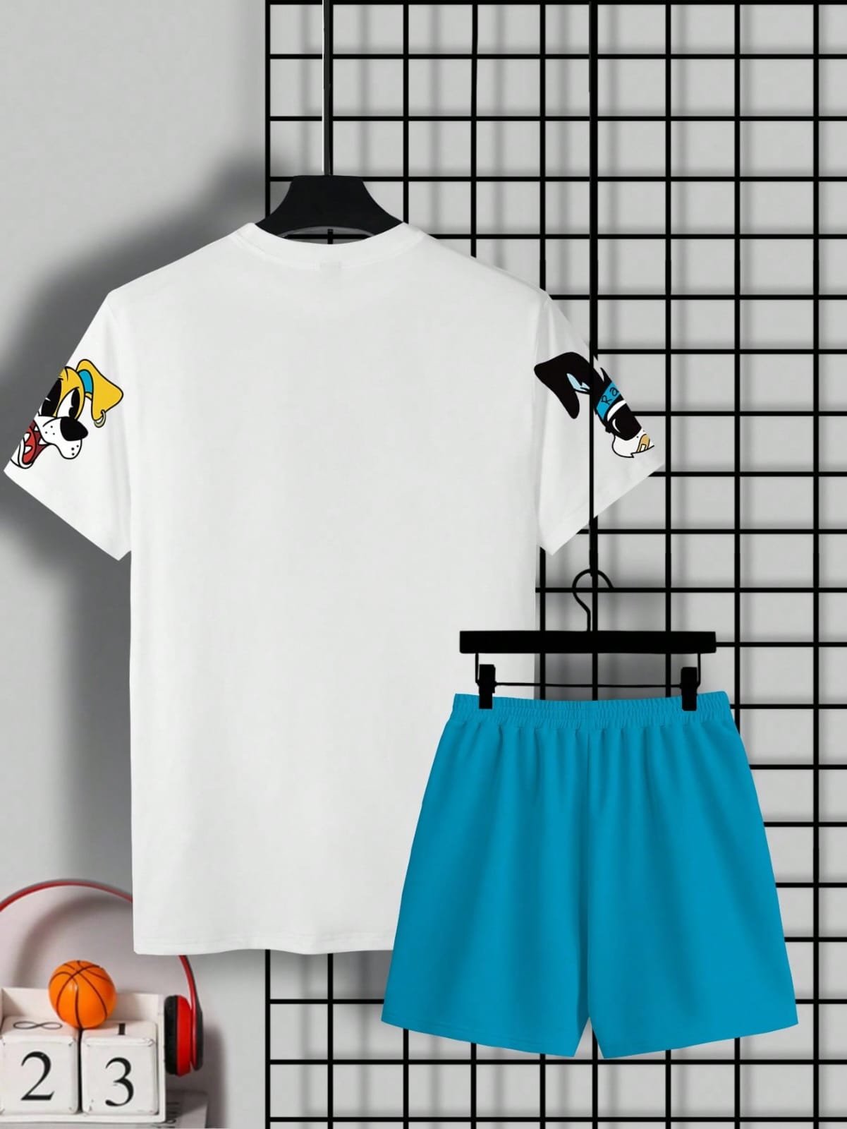 🛒Claim Dot Conjunto de Camiseta de Manga Curta e Shorts Casuais de Verão para Homens, Estampa de Coelho e Cachorro Cartoon, Looks Confortáveis - Imagem 4