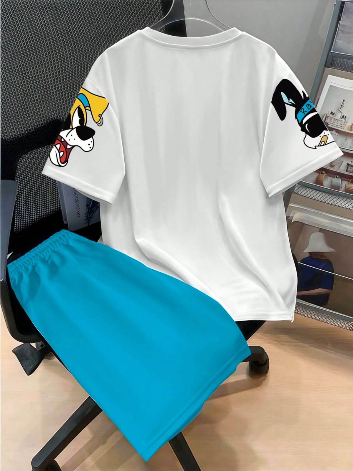 🛒Claim Dot Conjunto de Camiseta de Manga Curta e Shorts Casuais de Verão para Homens, Estampa de Coelho e Cachorro Cartoon, Looks Confortáveis - Imagem 2