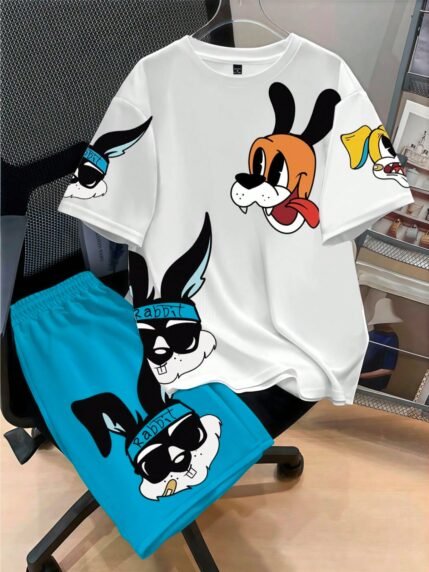 🛒Claim Dot Conjunto de Camiseta de Manga Curta e Shorts Casuais de Verão para Homens, Estampa de Coelho e Cachorro Cartoon, Looks Confortáveis