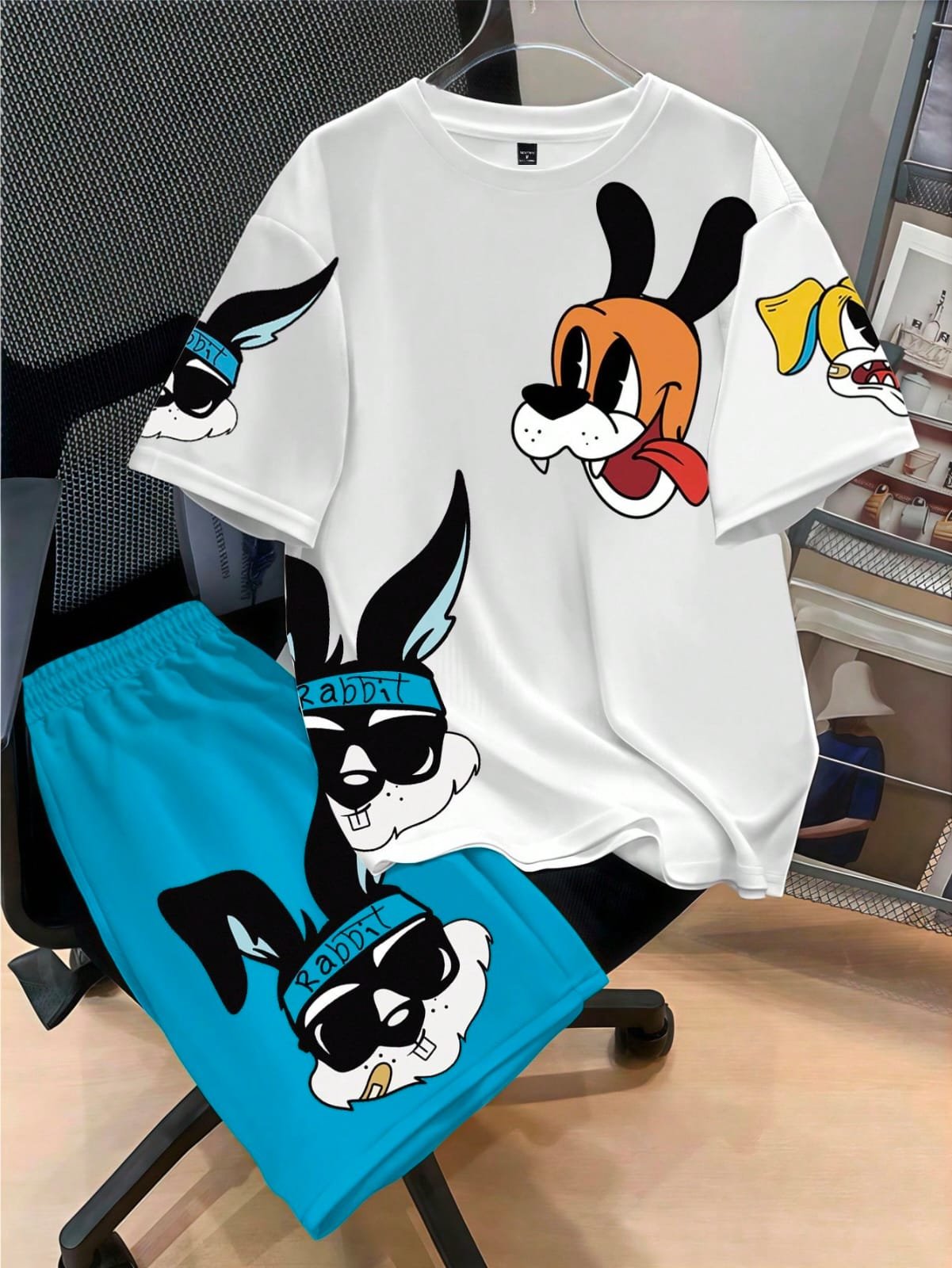 🛒Claim Dot Conjunto de Camiseta de Manga Curta e Shorts Casuais de Verão para Homens, Estampa de Coelho e Cachorro Cartoon, Looks Confortáveis