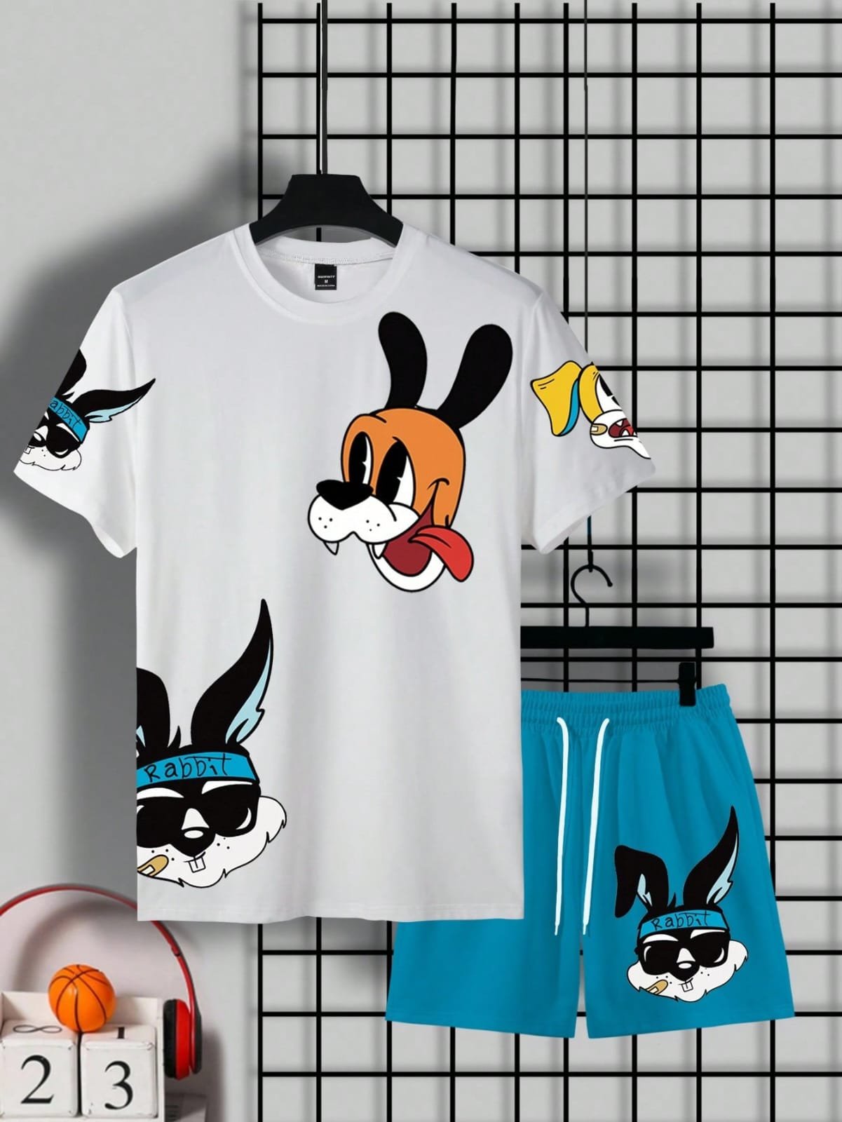 🛒Claim Dot Conjunto de Camiseta de Manga Curta e Shorts Casuais de Verão para Homens, Estampa de Coelho e Cachorro Cartoon, Looks Confortáveis - Imagem 3