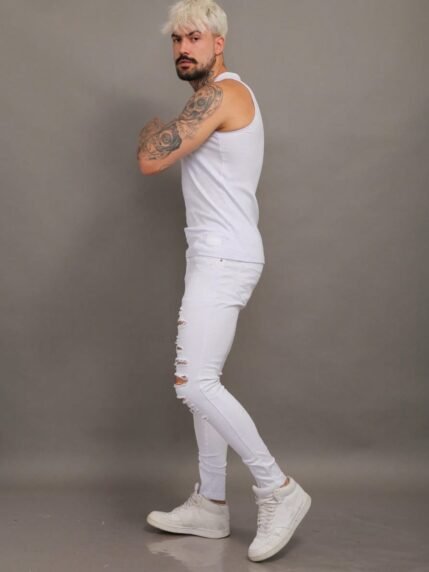 🛒Calça Masculina Skinny Rasgada Branca com Zíper na Barra Alleppo Jeans 200+ vendido