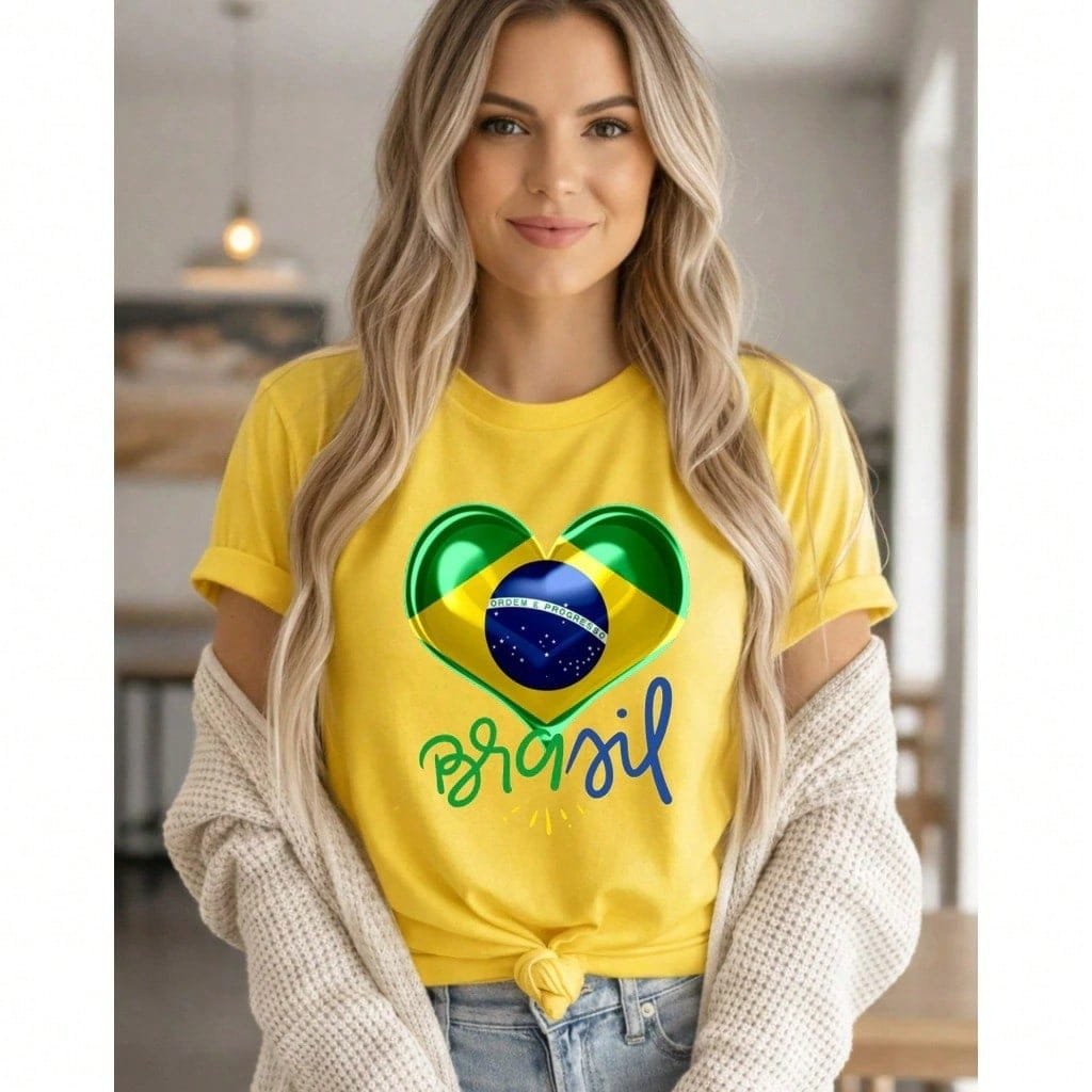 🛒Camiseta Blusa Copa Brasil Feminina Coração Brilhante Brasil Estilosa 2026 100% Algodão