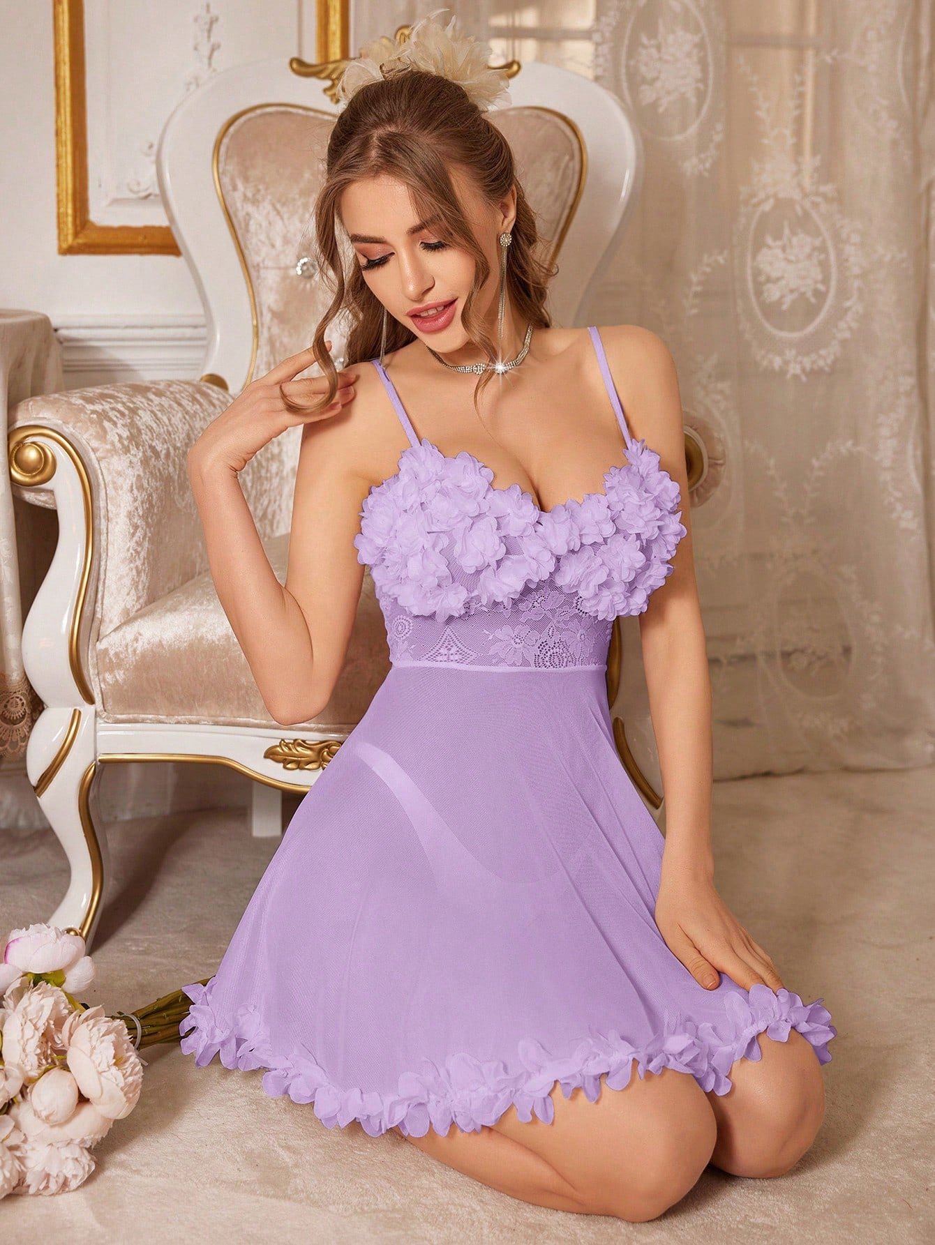 🛒Crystal Vow Camisola de Dormir Vestido Pijama Transparente com Renda Floral 3D, Perfeito para o Verão - Imagem 3