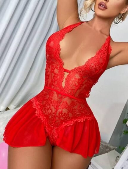 🛒Body Renda Sensual Com Abertura e Saia em Tule Lingerie Sexy Completa Sem Bojo Feminino 100+ vendido