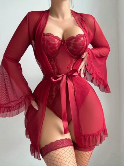 🛒SHEIN 5 peças/Conjunto Macacão Sexy com Fenda + Robe + Cinto + 2 Pares de Meias para Festa do Dia dos Namorados 100+ vendido