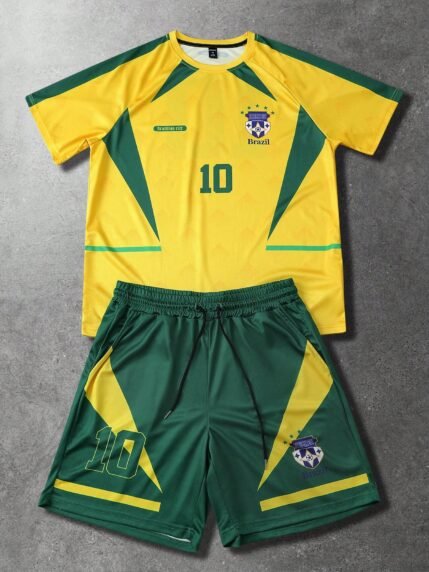 🛒ROMWE MEN Conjunto de Camisetas Masculinas, Conjunto de Camisetas Esportivas Casuais com Esquema de Cores Brasileiro, Primavera/Verão