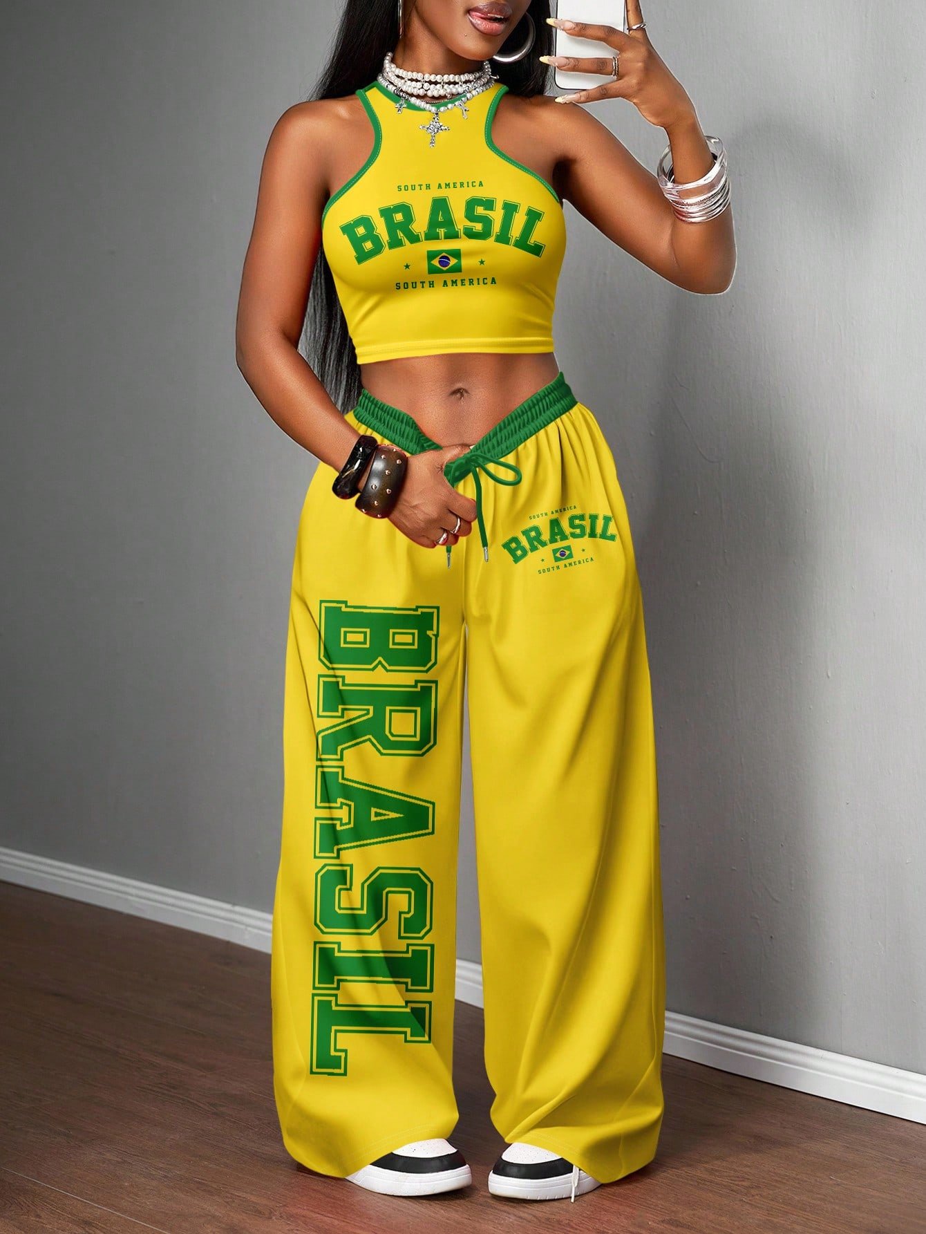 🛒Slaydiva 2 peças/Conjunto Estilo de Rua Casual Feminino, Regata Justa e Calça Solta, Adequado para Rua, Copa Africana, Moda de Rua 100+ vendido - Imagem 4