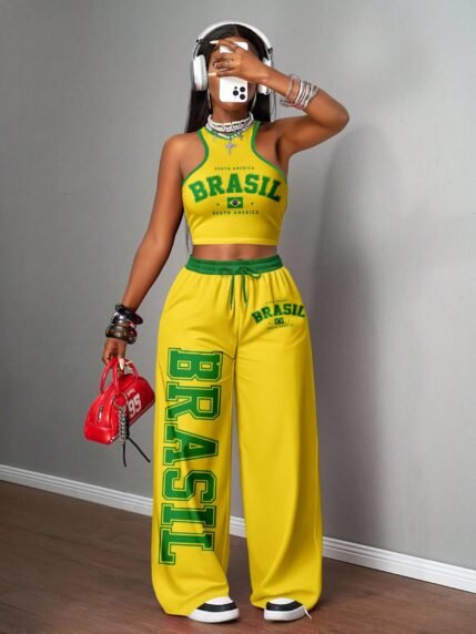 🛒Slaydiva 2 peças/Conjunto Estilo de Rua Casual Feminino, Regata Justa e Calça Solta, Adequado para Rua, Copa Africana, Moda de Rua 100+ vendido