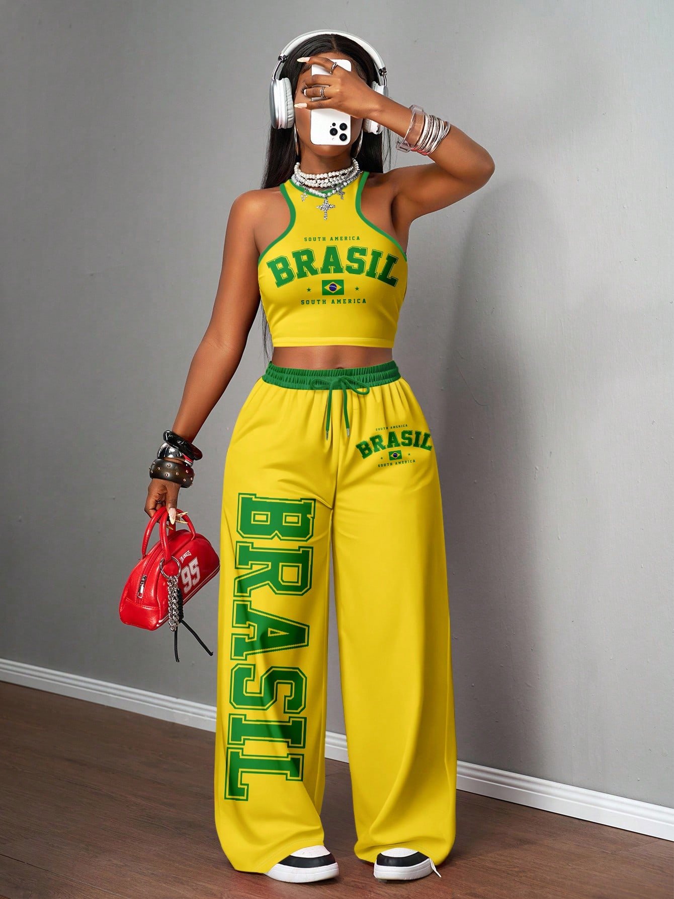 🛒Slaydiva 2 peças/Conjunto Estilo de Rua Casual Feminino, Regata Justa e Calça Solta, Adequado para Rua, Copa Africana, Moda de Rua 100+ vendido