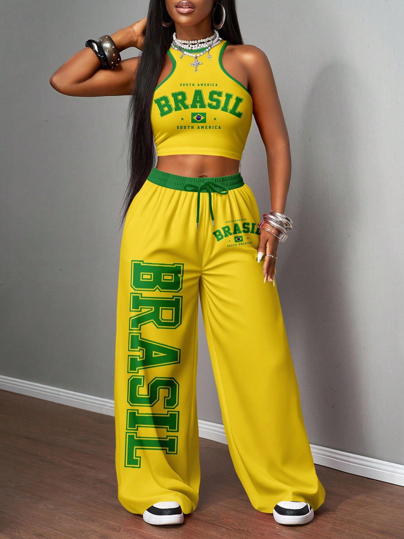 🛒Slaydiva 2 peças/Conjunto Estilo de Rua Casual Feminino, Regata Justa e Calça Solta, Adequado para Rua, Copa Africana, Moda de Rua 100+ vendido - Imagem 3
