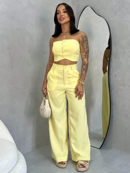 🛒Conjunto Feminino Top com Botões e Calça em Linhão Coleção Outono/Inverno Maitê 100+ vendido