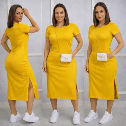 Vestido Envio Rápido MIDI casual fenda lateral e bolso charme e elegancia em uma só peça