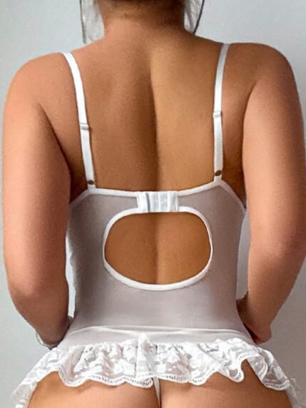 🛒PetitDoll Conjunto de 4 Peças Bustier para o Dia dos Namorados, Lingerie Sexy de Renda com Contraste de Tule Plissado, Conjunto de Bustier e Ligas, Roupa Íntima para Sair 700+ vendido