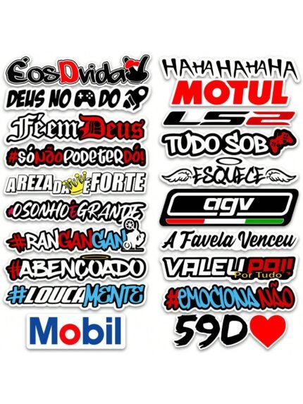 🛒Kit 20 Adesivos Frases Carro Moto Bike Bag Caderno Notebook Sticker Cartela 100+ vendido