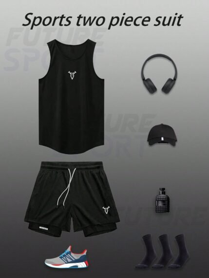 🛒Manfinity Sport Corelite Conjunto Esportivo Masculino Regata e Shorts, Roupas de Academia Minimalistas e da Moda, Adequado para o Verão, Conjunto de Academia Masculino, Roupas de Academia de Verão, Conjunto de Academia Preto, Conjunto de Corrida Academia, Conjunto de Treino