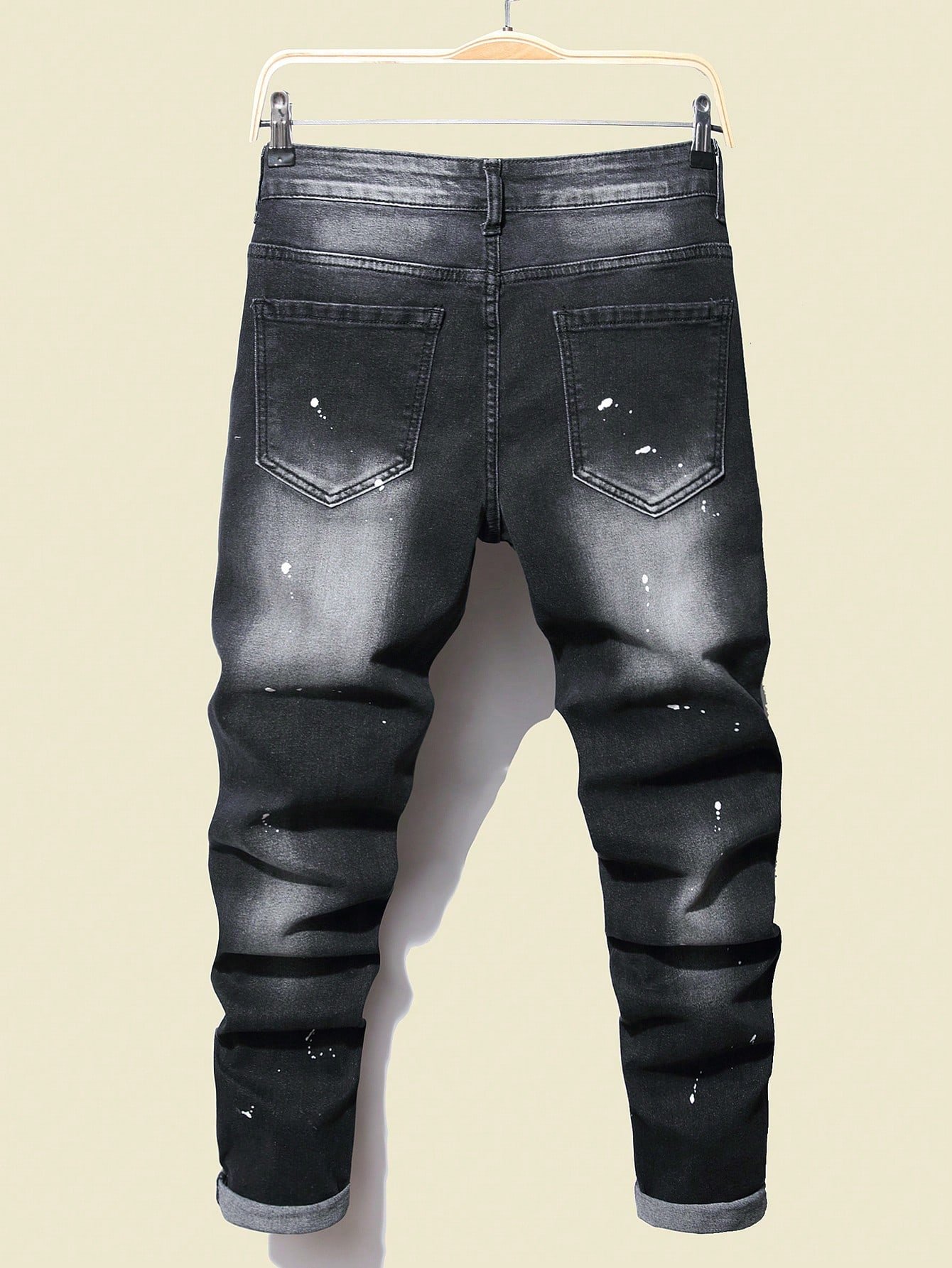 🛒Manfinity Roughcore Denim Skinny Preto Liso de Algodão com Estampa de Respingo de Tinta Rasgada e Desgastada, Ajuste Slim, Calça Cargo Longa, Presente para Marido, Namorado, Caminhada, Saída, Festa, Férias, Estilo Grunge - Imagem 2