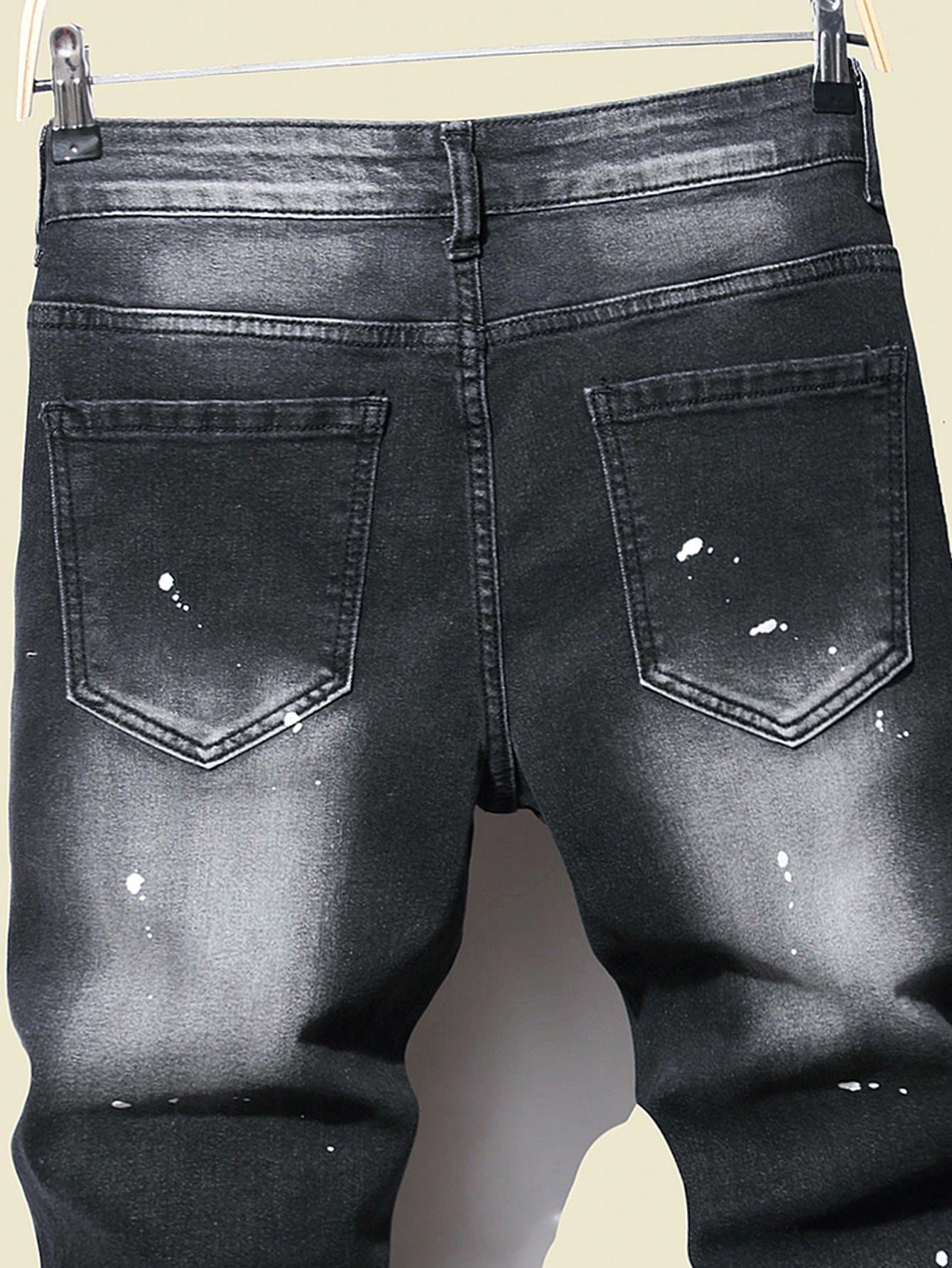 🛒Manfinity Roughcore Denim Skinny Preto Liso de Algodão com Estampa de Respingo de Tinta Rasgada e Desgastada, Ajuste Slim, Calça Cargo Longa, Presente para Marido, Namorado, Caminhada, Saída, Festa, Férias, Estilo Grunge - Imagem 3