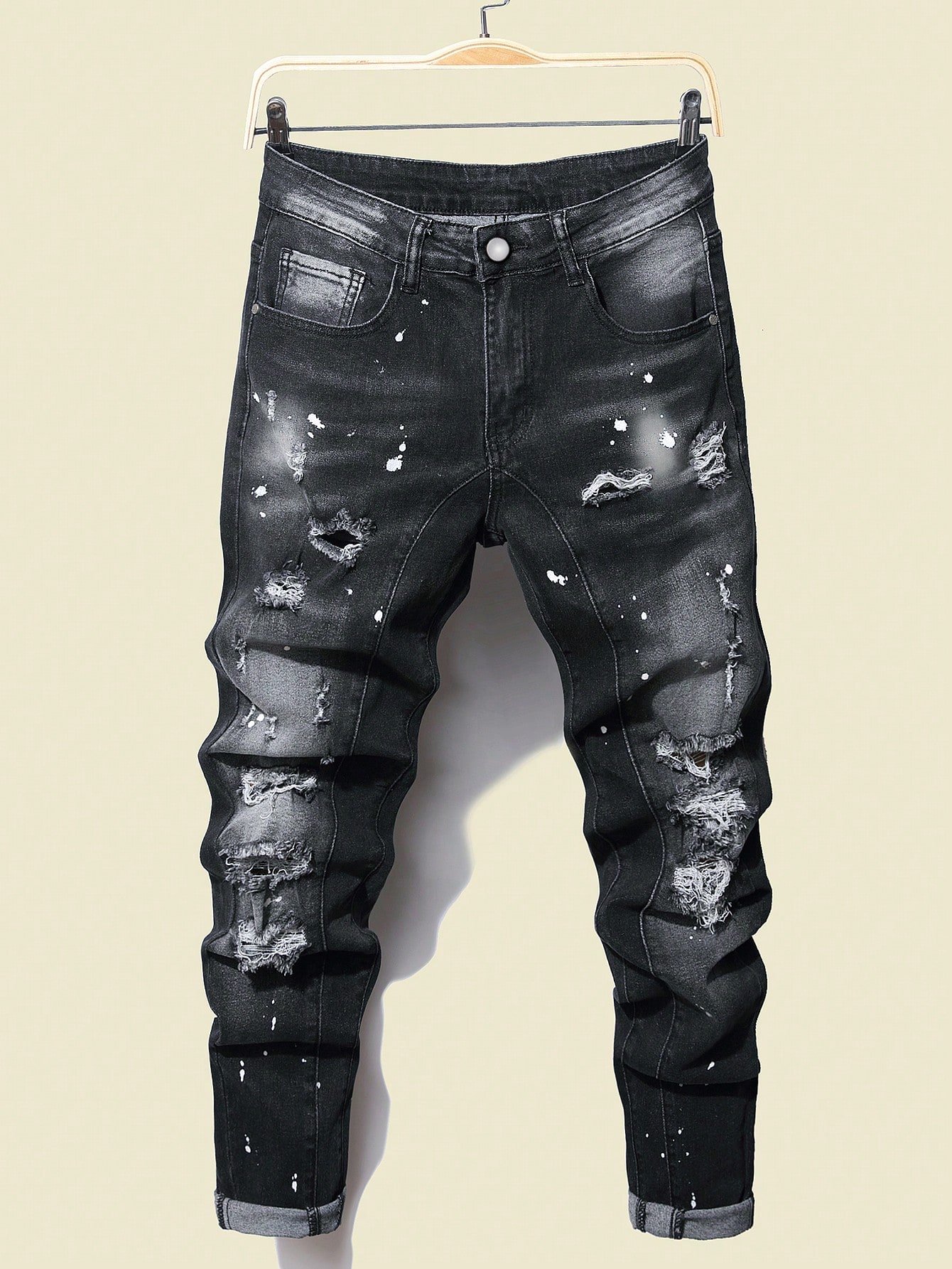 🛒Manfinity Roughcore Denim Skinny Preto Liso de Algodão com Estampa de Respingo de Tinta Rasgada e Desgastada, Ajuste Slim, Calça Cargo Longa, Presente para Marido, Namorado, Caminhada, Saída, Festa, Férias, Estilo Grunge