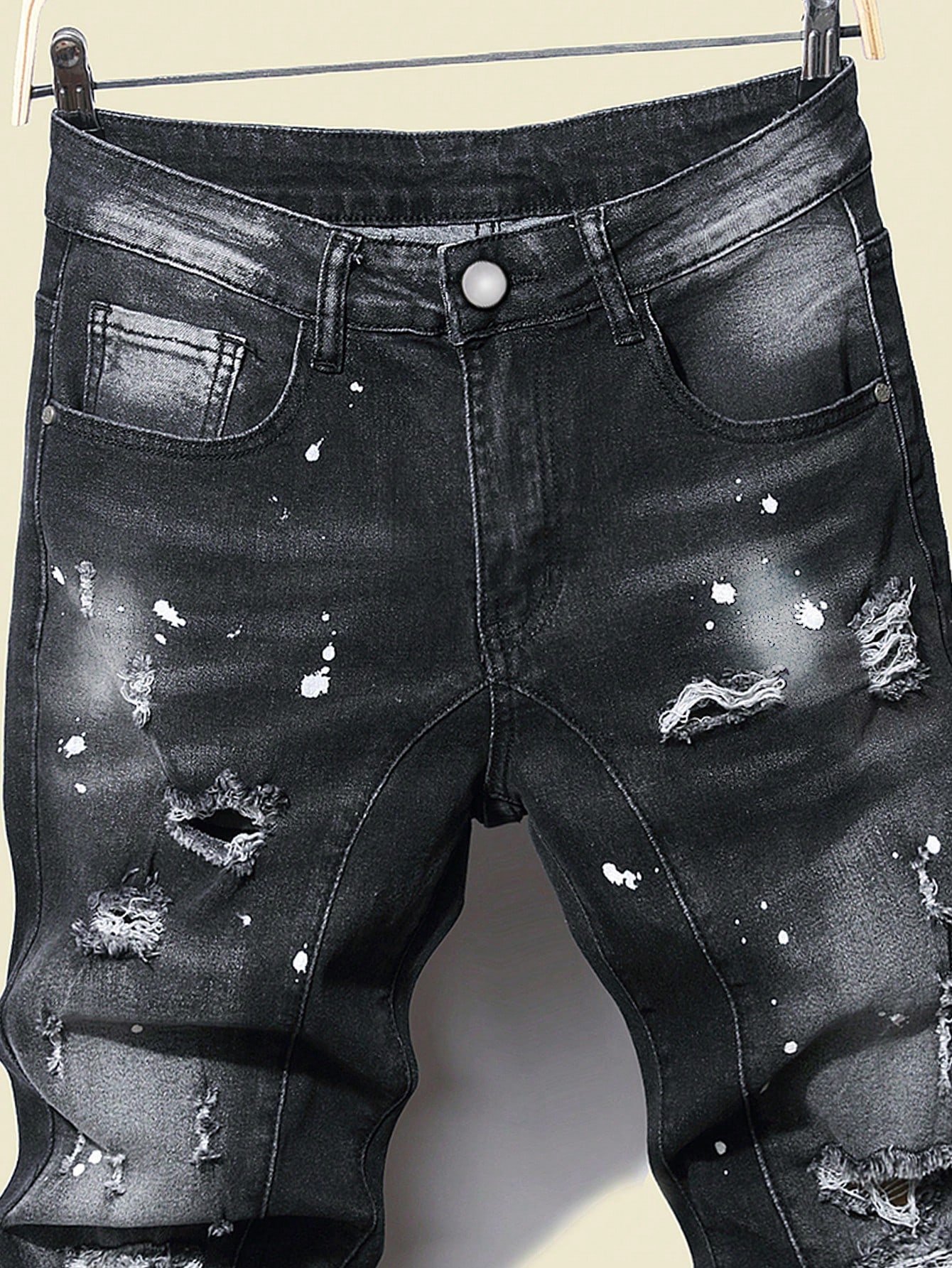 🛒Manfinity Roughcore Denim Skinny Preto Liso de Algodão com Estampa de Respingo de Tinta Rasgada e Desgastada, Ajuste Slim, Calça Cargo Longa, Presente para Marido, Namorado, Caminhada, Saída, Festa, Férias, Estilo Grunge - Imagem 6