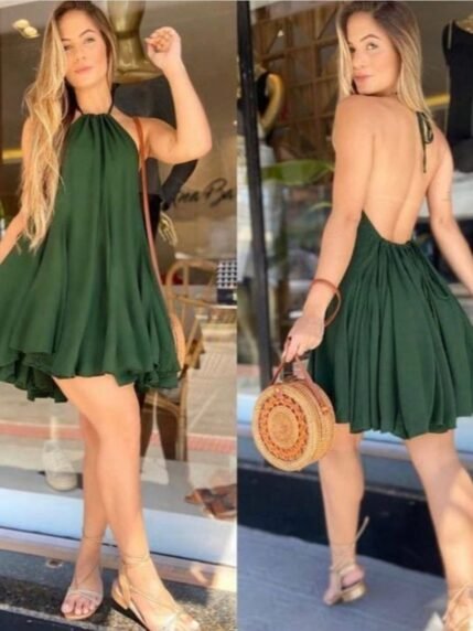 🛒Vestido Curto Com Costas Nuas Simples Elegante Moda Praia 700+ vendido